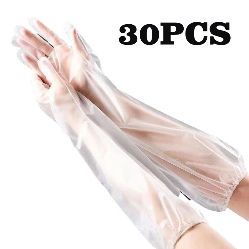 Disposable Gloves Nitrile - 30PCS Disposable ARM GUARD ถุงมือห้องครัวทําความสะอาดในครัวเรือนกันน้ํายืดหยุ่นสายรัดยาว CPE