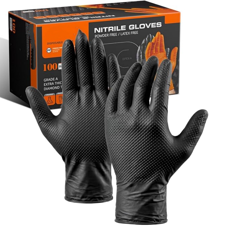Disposable Gloves Nitrile - ถุงมือไนไตรล์แบบใช้แล้วทิ้งสีส้มสำหรับงานหนัก 8 มิล ผิวสัมผัสแบบเพชร ทนทานต่อการฉีกขาด สำหรับช่างยนต์
